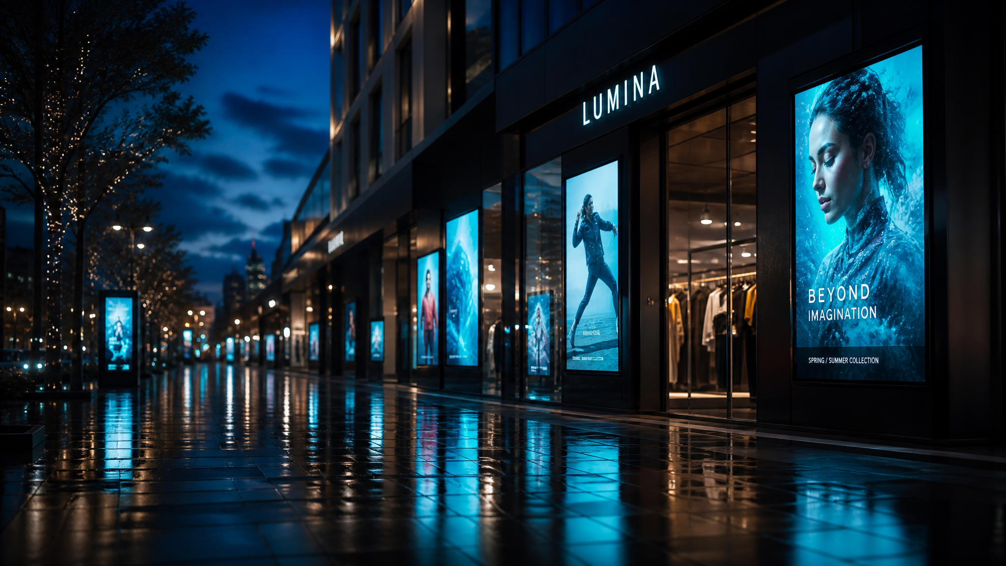 Digital screens illuminating a modern retail street at night