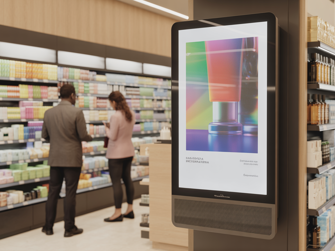 Tela digital em supermercado exibindo conteúdo de marca
