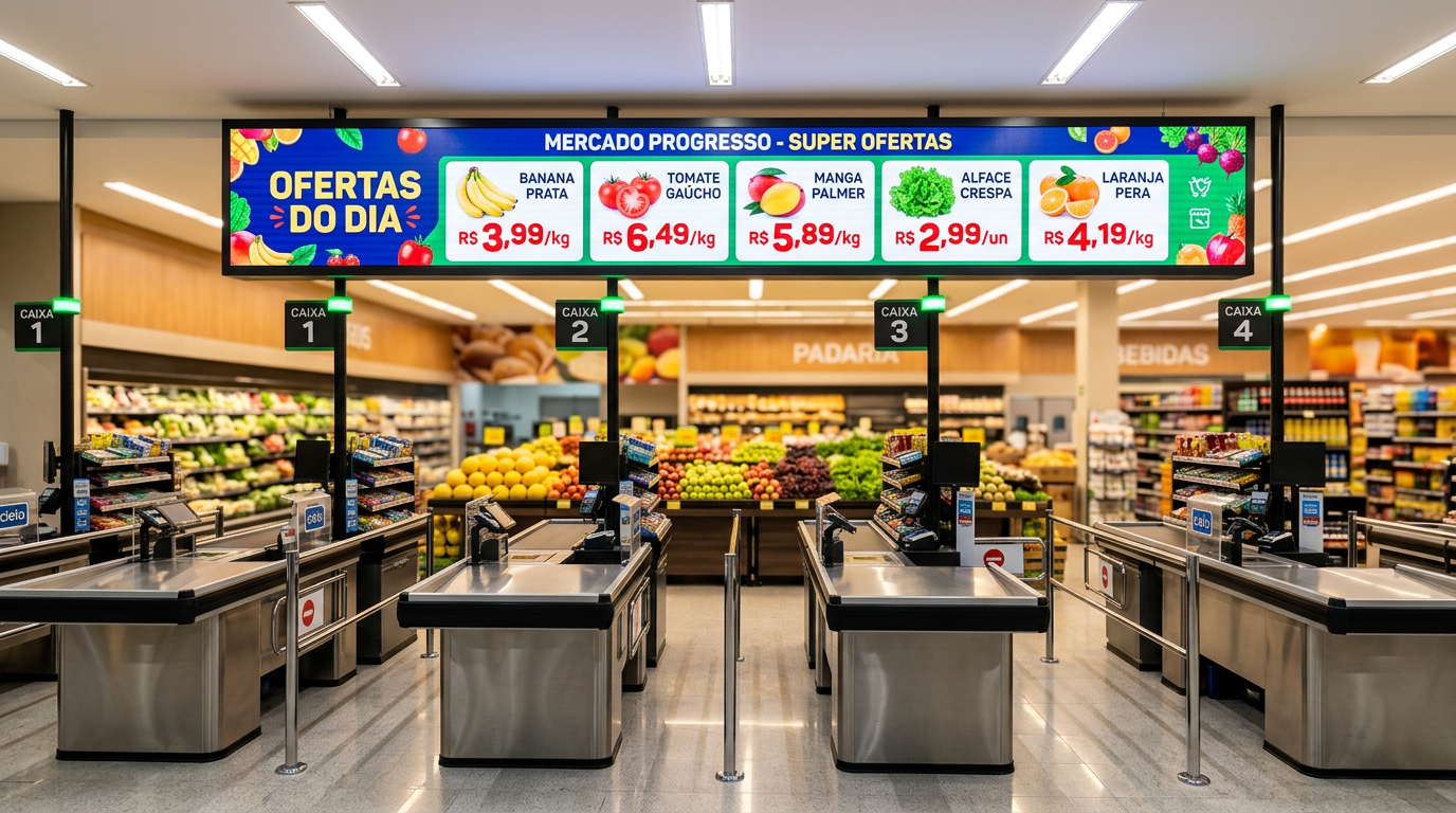 Tela digital em supermercado com ofertas do dia